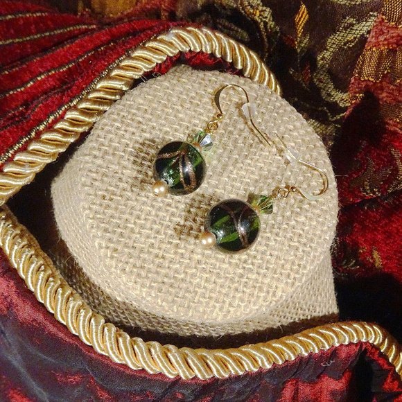 Deep green handmade earrings in Czech glass with swirls of gold highlights - Picture 1 of 8